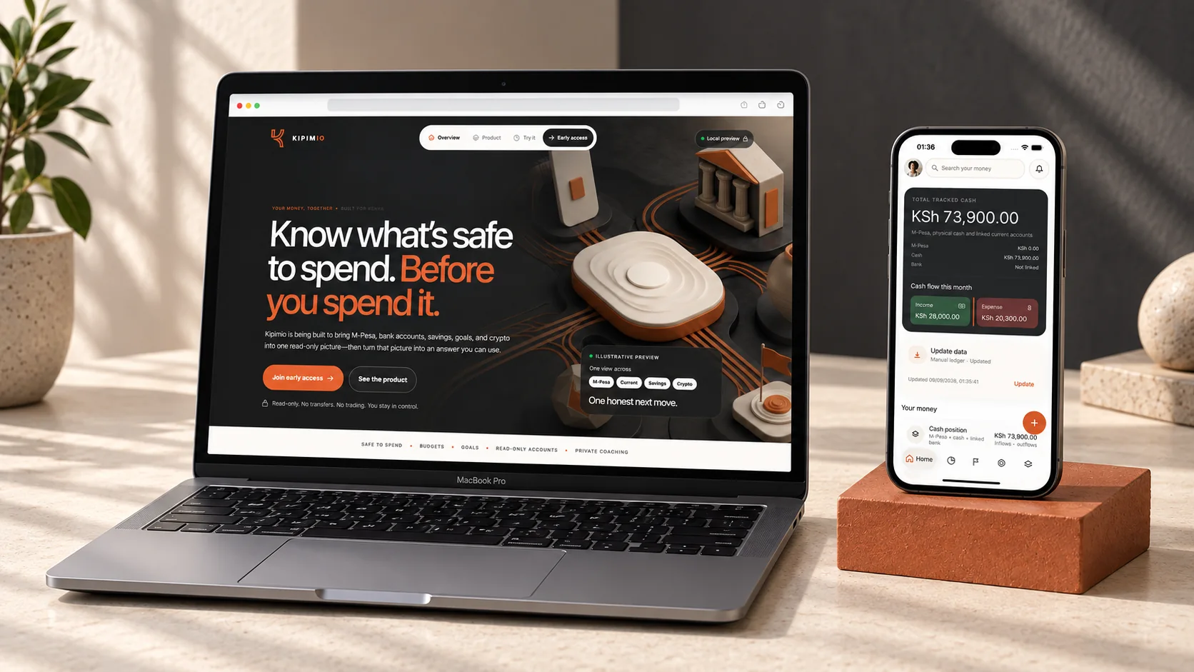 Kipimio launch website on a laptop beside the native app on a phone with an orange clay stand