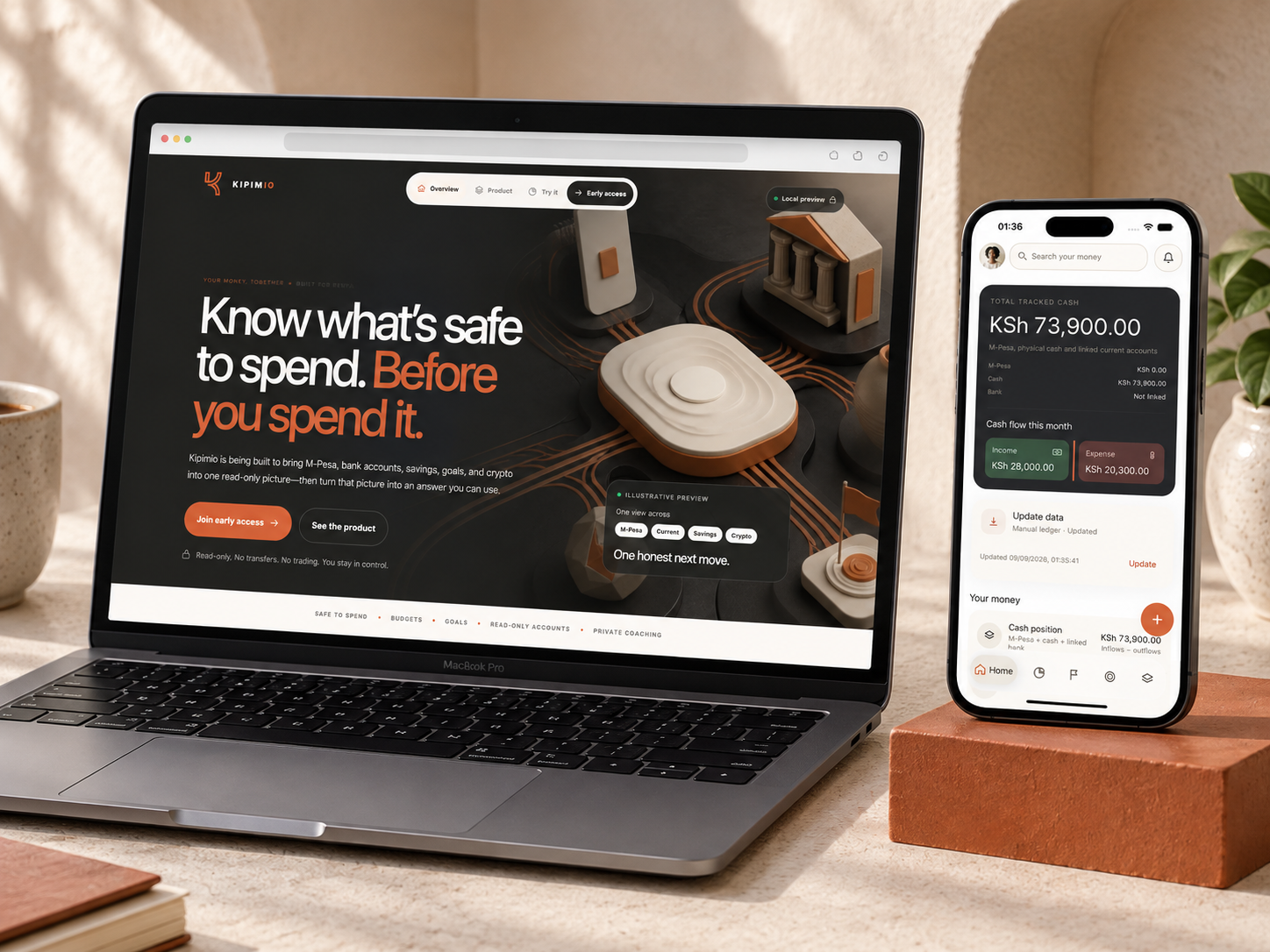 Kipimio launch website on a MacBook Pro beside its native app preview on a phone