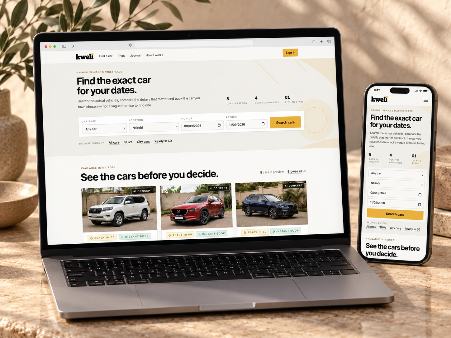 Kweli vehicle marketplace shown on a MacBook Pro and phone in a warm sandstone setting
