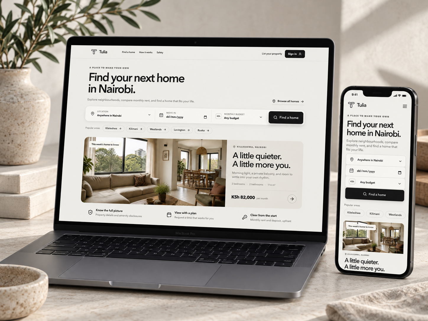 Tulia rental marketplace design shown on a MacBook Pro and phone in a pale editorial setting
